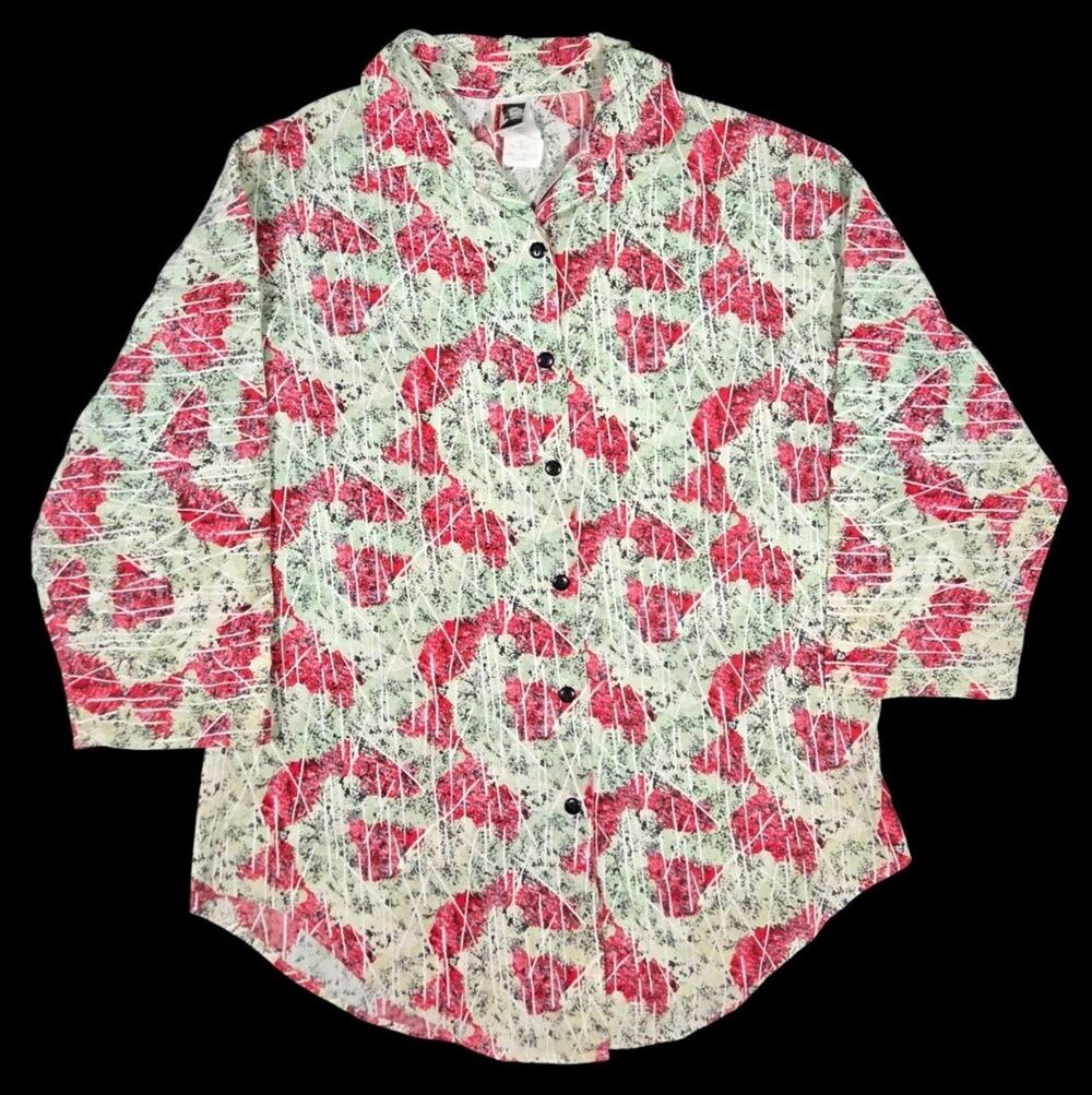 Vintage East River Clothing Abstract Shirt Button-Up 3/4 Sleeve Oversized Small